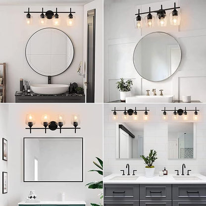 4-Light Bathroom Light Fixtures, Matte Black Vanity Lights with Clear Glass Shades, Modern Wall Lights for Mirror Kitchen Living Room Hallway Cabinet Porch
