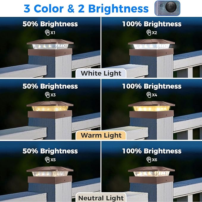 Peasur 12 Packs 4x4 Solar Post Cap Lights with 3 Lighting Modes, Brown Fence Caps Light Fits 4×4/3.5×3.5 Wood/Vinyl Posts, Waterproof Outdoor Post Top Lighting for Deck Mailbox Porch Railing