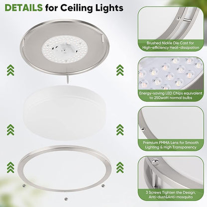 36W LED Ceiling Lights 3600lm Super Bright, Dimmable Flush Mount Light Fixtures 6500K/5000K/4000K/3000K/2700K Adjusted Modern Ceiling Lights 2PACK, 13 Inch Ceiling Lamps for Bedroom Kitchen, Nickle