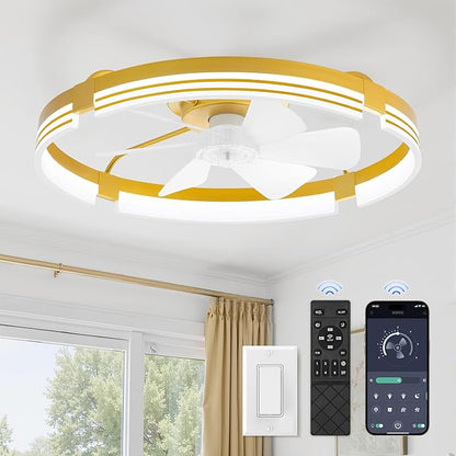 ZMISHIBO 24 Inch Low Profile Ceiling Fans with Lights and Remote, 3000K-6000K Dimmable Fandelier LED Fan Light, Flush Mount Ceiling Fan with Light, 6 Wind Speeds Ceiling Fans for Bedroom- Gold
