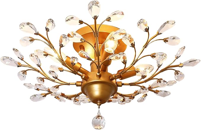 Garwarm 4-Light Vintage Crystal Chandeliers Ceiling Lights Crystal Pendant Lighting Ceiling Light Fixtures Chandeliers Lighting for Living Room Bedroom Restaurant Porch Chandelier(Golden)