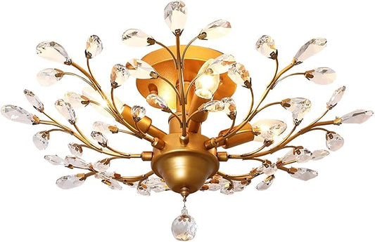Garwarm 4-Light Vintage Crystal Chandeliers Ceiling Lights Crystal Pendant Lighting Ceiling Light Fixtures Chandeliers Lighting for Living Room Bedroom Restaurant Porch Chandelier(Golden)