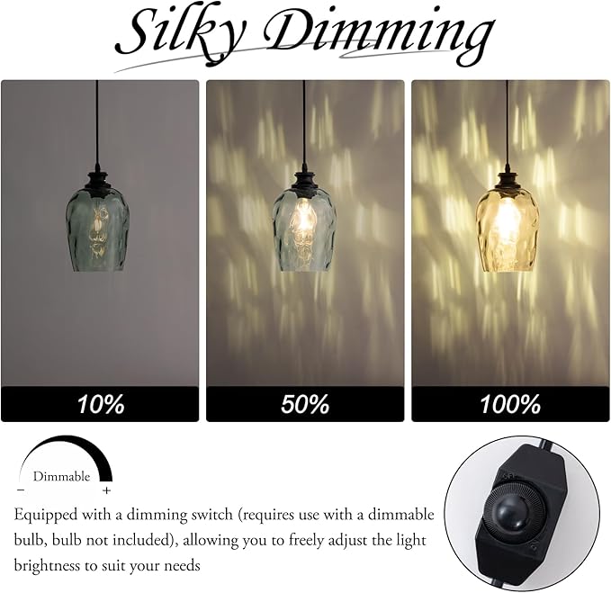Plug in Pendant Light Green Hand Blown Rippled Glass Shade On/Off Switch 16.4 Ft Cord E26 Base Pendant Lighting for Living Room Sunroom Porch