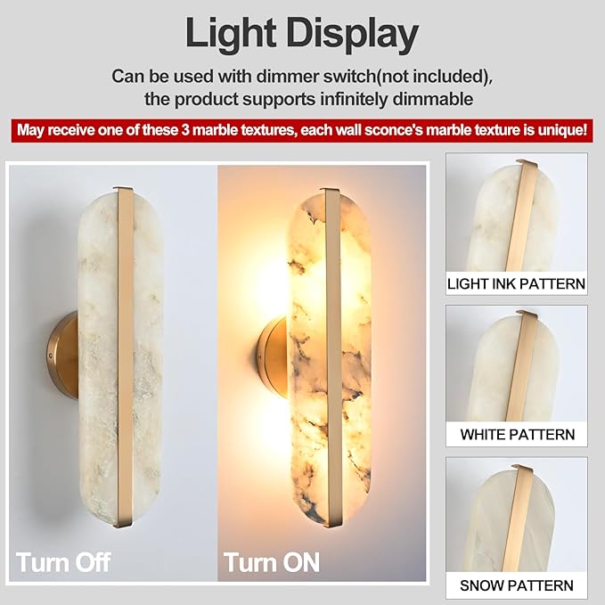 15.7" Natural Alabaster Wall Sconces Marble Wall Sconces Gold Bathroom Vanity Wall Light Fixtures Modern Oval Stone Wall Lamp for Bedroom Living Room Hallway Restaurant Stairs