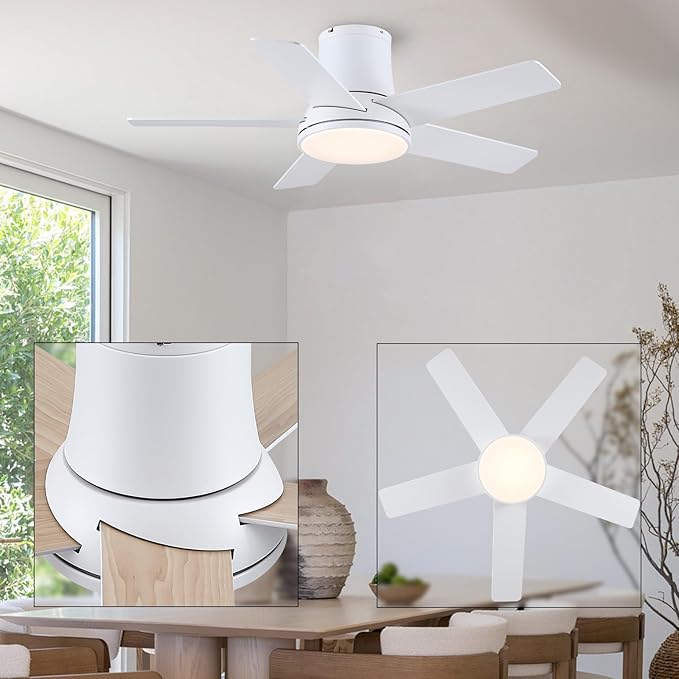42 Inch Ceiling Fans with Lights and Remote, Flush Mount White Ceiling Fan for Bedroom Living Room Indoor/Outdoor, Quiet 6 Speed Reversible DC Motor, 3CCT, Dual Color 5 Blades, ETL Listed