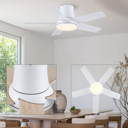 42 Inch Ceiling Fans with Lights and Remote, Flush Mount White Ceiling Fan for Bedroom Living Room Indoor/Outdoor, Quiet 6 Speed Reversible DC Motor, 3CCT, Dual Color 5 Blades, ETL Listed