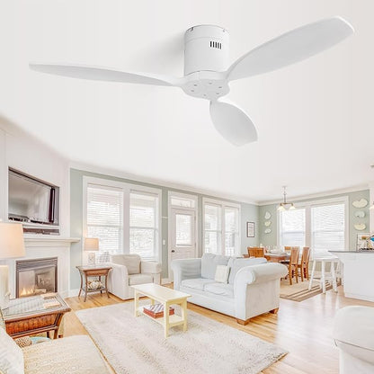 Sofucor 52 Inch Smart Ceiling Fan Without Light Flush Mount Solid Wood Ceiling Fan with Alexa/Google/APP/Remote Control-Modern Outdoor Ceiling Fans No Light for Bedroom/Patio/Indoor, White
