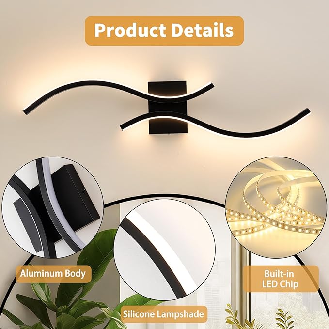CANEOE Modern LED Wall Sconce Set of Two, 3000K Warm White Led Wall Light Fixture, 31.5inch Black Modern Sconces Wall Lighting for Bedroom, Living Room, Hallway, Staircase, Bathroom