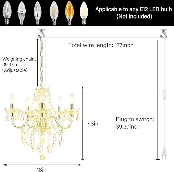 PAPAYA Plug-in 5 Light Gold Crystal Hanging Pendant Lights Acrylic Chandelier with Cord & On/Off Switch H19 D19.7 for Kitchen Island Girls' Room Dining Area Laundry Pavilion
