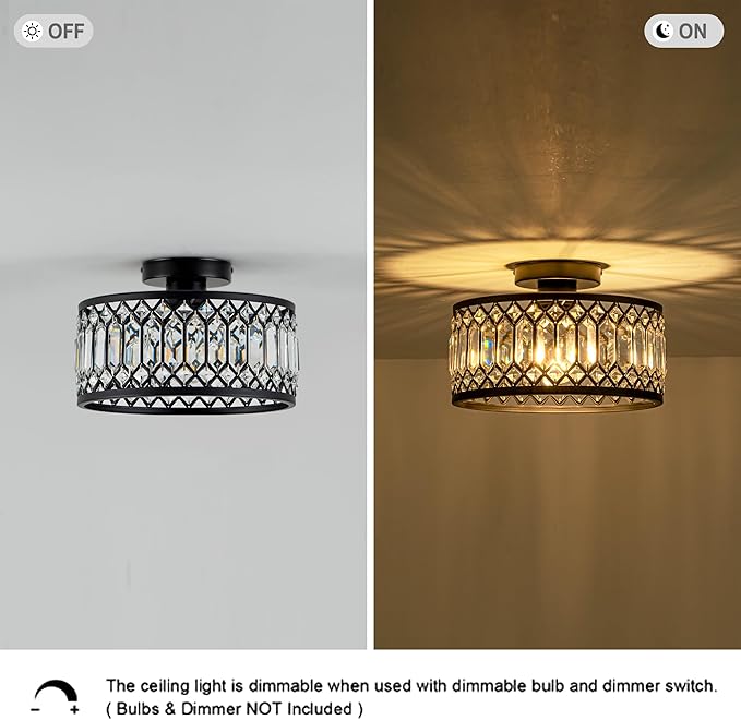 Rpzloila Crystal Ceiling Light Fixture, Modern Flush Mount Ceiling Light, Black Crystal Chandelier for Kitchen Bedroom Bathroom Entryway Hallway