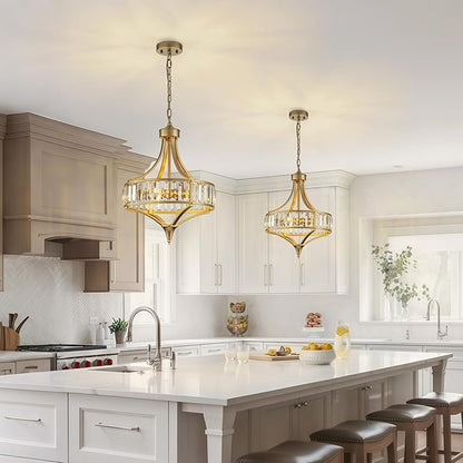 Gold Vintage Chandeliers for Dining Room, 15.7" Modern Crystal Round Pendant Lights Kitchen Island Over Table,4-Light Foyer Chandelier for Entryway Bathroom Bedroom Living Room