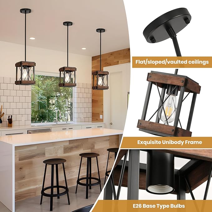 Genuine Wood Farmhouse Pendant Light, 2 Pack Rustic Farmhouse Linear Chandelier with Wood and Metal Cage, Kitchen Island Pendant Light Adjustable Height for Dining Room Light Kitchen Island Bedroom