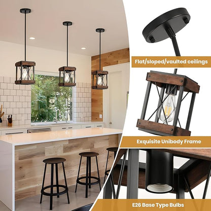 Genuine Wood Farmhouse Pendant Light, 2 Pack Rustic Farmhouse Linear Chandelier with Wood and Metal Cage, Kitchen Island Pendant Light Adjustable Height for Dining Room Light Kitchen Island Bedroom