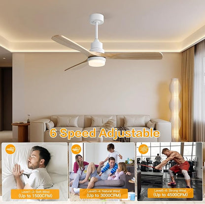 Sofucor Ceiling Fans with Lights, 52 Inch Modern Flush Mount Ceiling Fan with Remote, Low Profile Ceiling Fan for Bedroom Indoor Outdoor, 6-Speed 3 Blades Reversible DC Motor Dimmable Timer