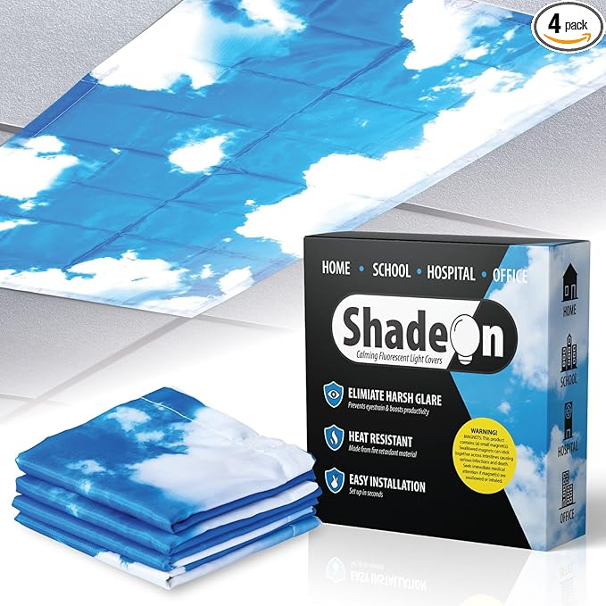 ShadeOn Fluorescent Light Covers for Ceiling Lights (4-Pack) - 2x4 ft Magnetic Light Covers for Ceiling Lights Classroom - Office Light Covers for Fluorescent Lights - Summer Sky