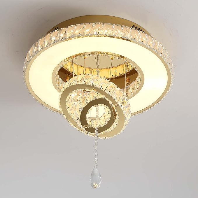 Flashing God Dia 20" Crystal Chandeliers Gold Modern Living Room Chandelier LED Crystal Ceiling Light Flush Mount Chandelier for Bedroom Dining Room Entryway