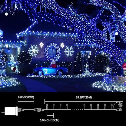 LAMPHOME 66FT 200 LED Blue White String Lights, 16 Modes Plug In Mini Fairy Lights, Waterproof Outdoor Christmas Lights for Hanukkah Xmas Tree Garland Bedroom Ocean Party July 4th Patriotic Decoration
