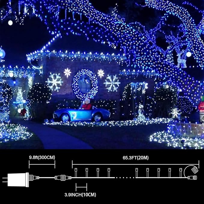 LAMPHOME 66FT 100 LED Blue White String Lights, 16 Modes Plug In Mini Fairy Lights, Waterproof Outdoor Christmas Lights for Hanukkah Xmas Tree Garland Bedroom Ocean Party July 4th Patriotic Decoration