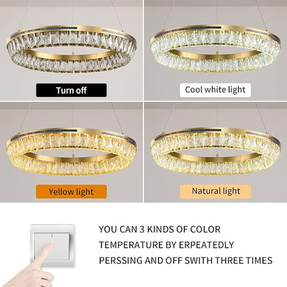 Modern LED Crystal Chandelier Brass Round Dimmable Gold Chandelier Light Fixture 3 Colors Pendant Ceiling Light for Dining Room Living Room Kitchen Island Entryway Foyer Bedroom Bathroom D22''