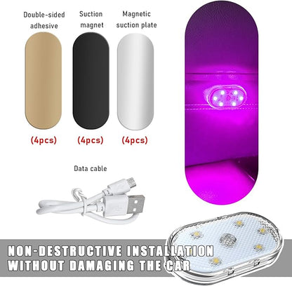KVAEY 4 PCS Car LED Lights Interior Wireless, 7 Colors Magnetic Auto Ambient Light with 6 Bright LED Lamp Beads, Portable USB Rechargeable Vehicle Interior Led Night Light (Pink, Magnetic, 4pcs)
