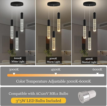 Modern Crystal Chandelier for Kitchen Island 3-Lights, Elegant Black LED Bubble Pendant Lighting Fixture for Dining Room Bedroom Entryway