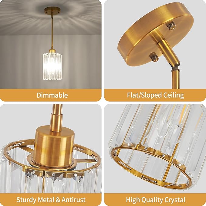 2 Pack Brushed Gold Pendant Lights Kitchen Island, Modern Crystal Kitchen Pendant Lighting Over Island Dining Room Light Fixtures Adjustable Hanging Pendant Light for Bathroom Hallway Foyer Bedroom