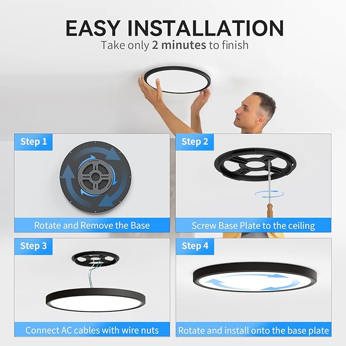 WKONCLDY 3200lm LED Flush Mount Ceiling Light, Super Slim 12 inch LED Ceiling Light, 5000K LED Ceiling Light for Bedroom, Living Room, Dining Room (Black, One Pack)