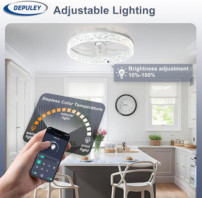 Depuley Ceiling Fans with Lights and Remote: 16" Modern Low Profile Flush Mount Ceiling Fan with App Remote Control - White Fandelier for Bedroom Living Room Kitchen Dimmable Quiet DC Motor