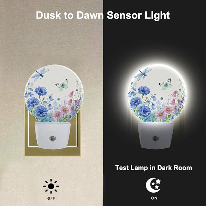 EKOBLA Butterfly & Wildflower Plug-in Night Light, Spring Garden Floral LED Nightlight with Auto Sensor for Kitchen, Bedroom & Bathroom