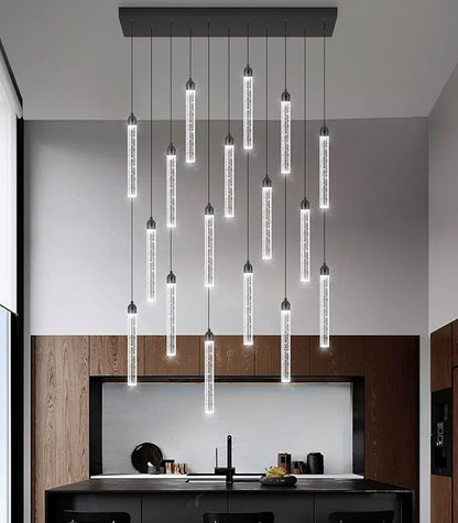 Rectangular Chandeliers 17-Lights Long Light for Entryway LED Dimmable Chandeliers Lighting Fixture Flat Sloped High Ceiling Pendant Lights Crystal for Living Room Foyer Hallway Staircase Black