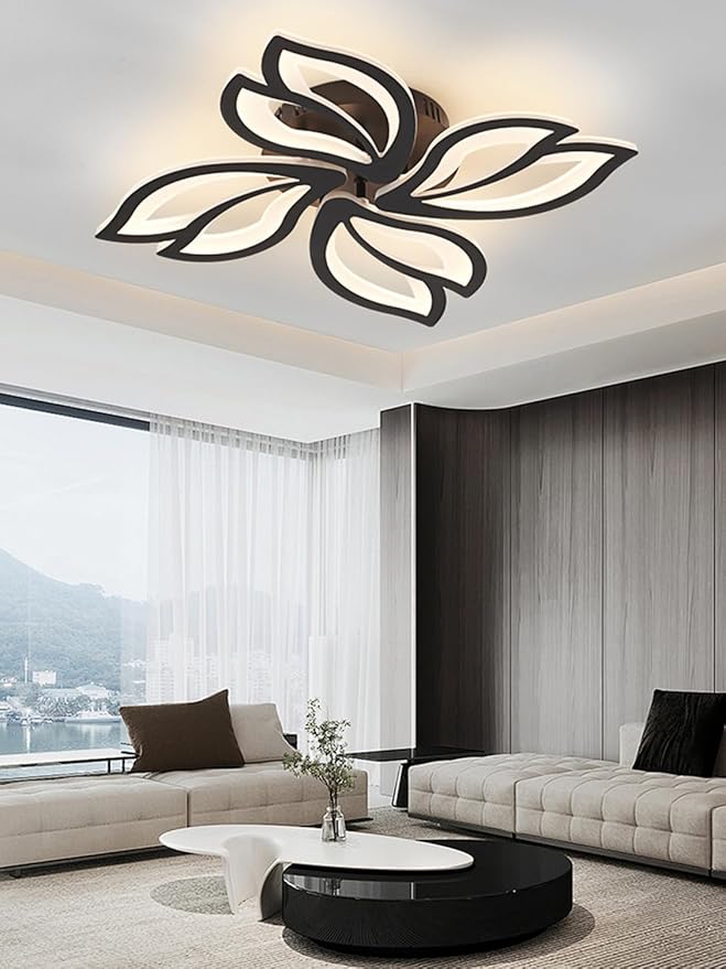 22" Modern Black Flower Dimmable LED Ceiling Light Fixtures, Geometric Low Profile Flush Mount Ceiling Light for Bedroom, Kitchen, Living Room