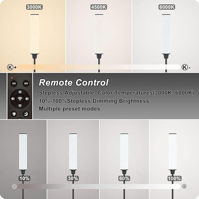 Nukanu Floor Lamp with Remote Control, Floor Lamps for Living Room/Bedroom/Office, Stepless Adjustable 3000K-6000K Colors and 10-100% Brightness,Standing Light with Foot Switch (Black+Beige Linen)