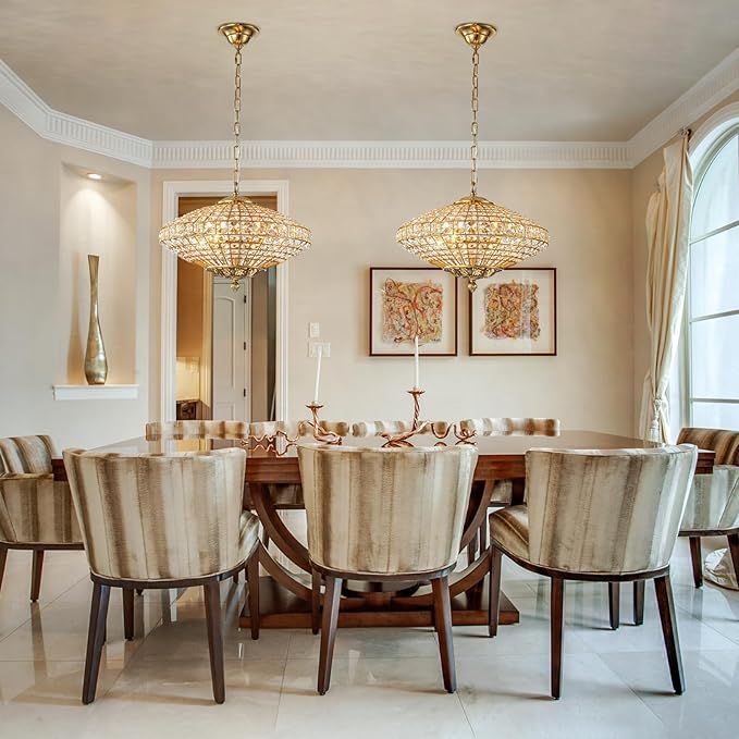 Crystal Chandelier, 18" Vintage Dining Room Light Fixture Farmhouse Large Foyer Chandeliers for High Ceilings Living Room Staircase Antique Brass