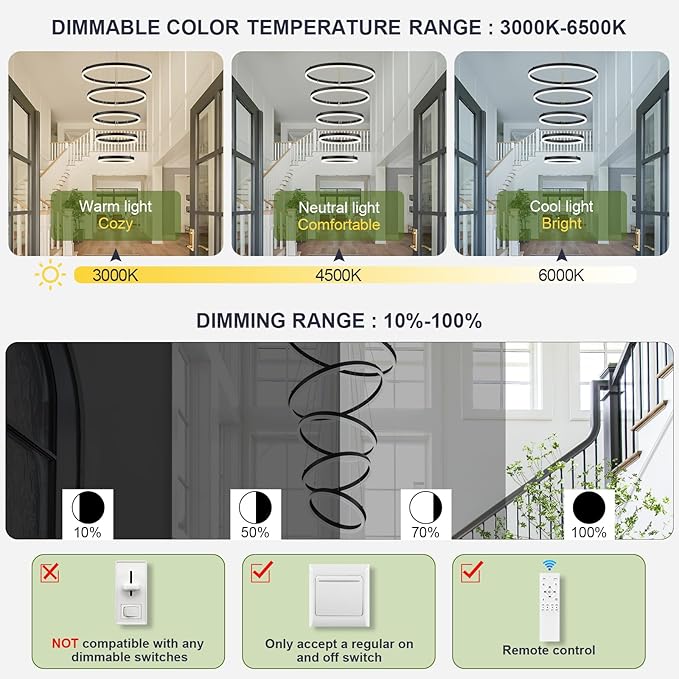 Benkut 5-Rings Modern LED Chandelier Black High Ceiling Chandelier with Remote Control Dimmable Pendant Lighting for Dining Room Foyer Living Room Entryway Staircase(3000K-6500K, D23.6in)
