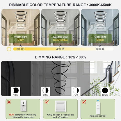 Benkut 5-Rings Modern LED Chandelier Black High Ceiling Chandelier with Remote Control Dimmable Pendant Lighting for Dining Room Foyer Living Room Entryway Staircase(3000K-6500K, D23.6in)