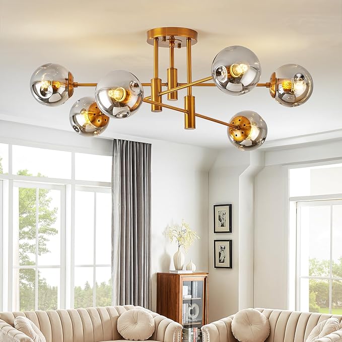 DDLLDESHI 6 Lights Gold Chandelier Globe Glass Cover Sputnik Ceiling Light Fixture,34" Large Dining Room Light Fixture Smoke Bubble Chandeliers for Living Room（Modern Chandelier Decor