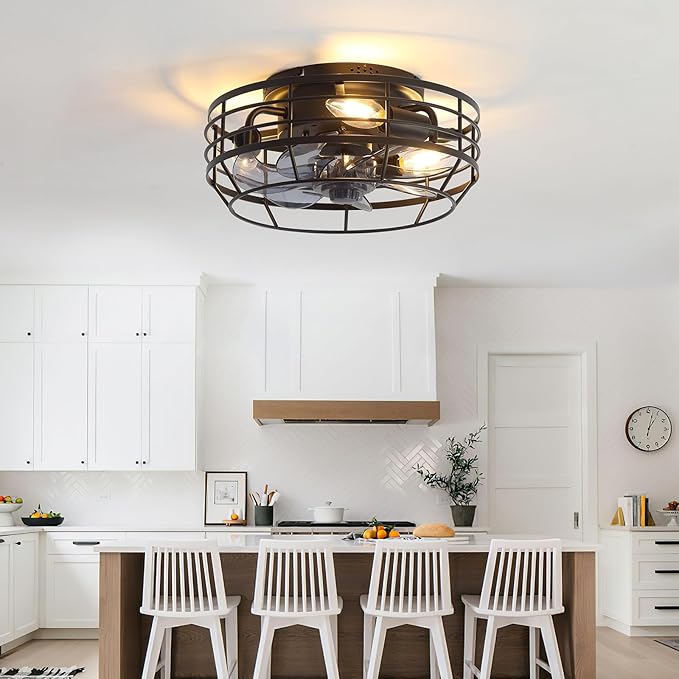 Farmhouse Caged Ceiling Fan with Light, Bladeless Flush Mount Fan Lights Ceiling Fixtures with Remote, 12 in 6 Speeds Indooor Lights for Kitchen, Living Room, Bedroom, Black