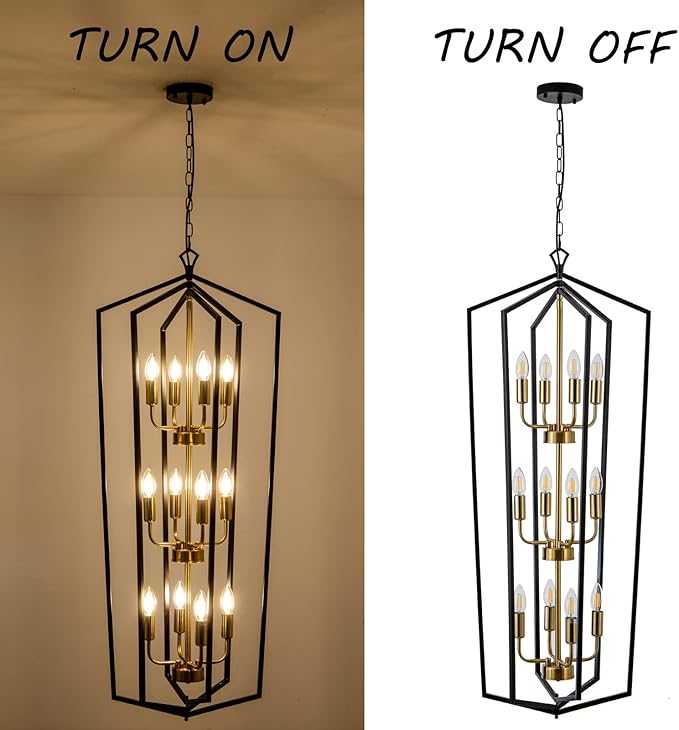 Lanhall 12-Light Lantern Tired Foyer Entryway Hanging Lights Farmhouse High Ceiling Pendant Lights Industrial Chandelier for Hall Foyer Entryway Living Room-Brushed Brass
