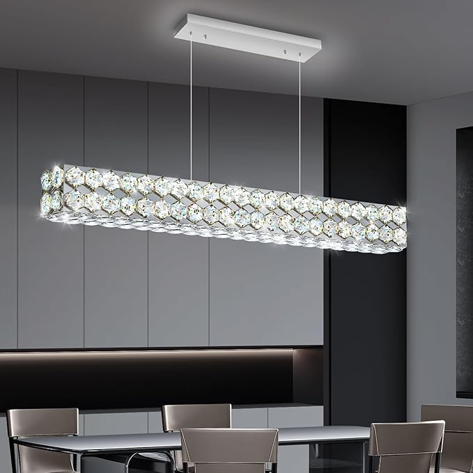 40'' Modern Crystal Chandelier for Dining Room Ceiling Light Fixture for Living Room Hallway Lighting LED Dimmable with Remote Silver