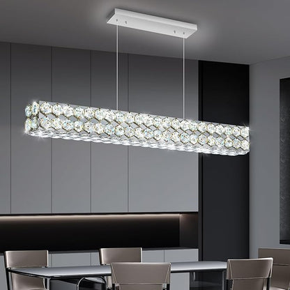 40'' Modern Crystal Chandelier for Dining Room Ceiling Light Fixture for Living Room Hallway Lighting LED Dimmable with Remote Silver