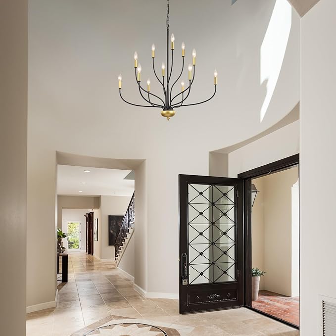 12-Lights Farmhouse Chandelier for Dining Room, 34 Inch Black and Gold Chandeliers for High Ceilings Foyer Modern Large Pendant Light Fixtures for Living Room Entryway Hallway Kitchen Island E12