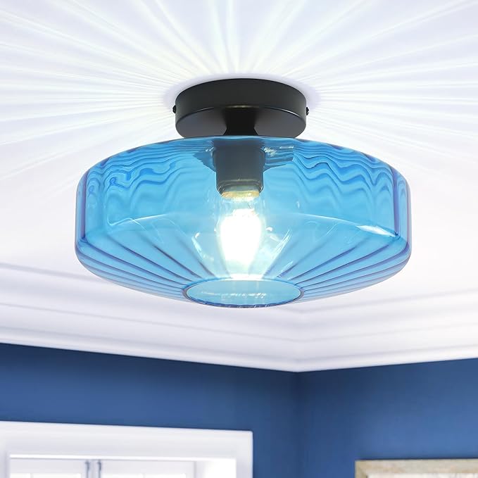 Blue Glass Ceiling Light, 11.8 Inches Mid Century Semi Flush Mount Ceiling Light Retro Small Chandelier Glass Overhead Lighting for Girl's Room Kids Room Nursery Bedroom Closet Hallway E26