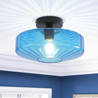 Blue Glass Ceiling Light, 11.8 Inches Mid Century Semi Flush Mount Ceiling Light Retro Small Chandelier Glass Overhead Lighting for Girl's Room Kids Room Nursery Bedroom Closet Hallway E26