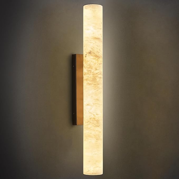 LMQNINE Natural Alabaster Wall Sconces Spanish Marble Wall Light Cylinder Modern Black LED Sconce for Living Room Bedroom Bathroom Stairs（M-1Pack）