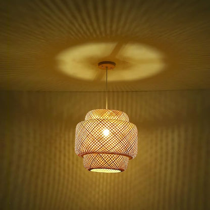 Bamboo Pendant Light - Boho Basket Chandelier Handmade Woven Pendant Light, Natural Wicker Rattan Hanging Chandelier for Kitchen Island Dining Room Living Room Porch