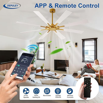 Ceiling Fan Without Light: 72 Inch Big Indoor Outdoor Fan with Remote APP Control - Brass White Large Ceiling Fan no Light 8 Blade Reversible Quiet DC Motor Memory Function Timer