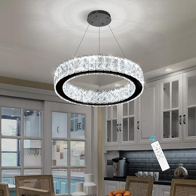 Modern Crystal Chandelier 15W LED Dimmable Lighting Fixture Adjustable Round Pendant Light for Dining Room Living Room Kitchen Bedroom Black
