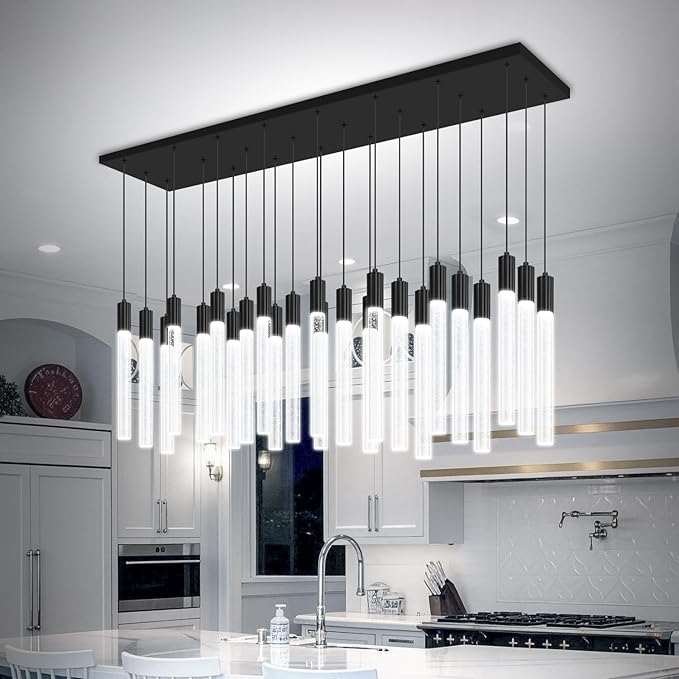 24-Light Rectangular Crystal Chandelier, Large Black Bubble Crystal Column Pendant Light, Adjustable Height Hanging Chandeliers for Kitchen Island, Living Room, Foyer