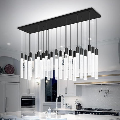 24-Light Rectangular Crystal Chandelier, Large Black Bubble Crystal Column Pendant Light, Adjustable Height Hanging Chandeliers for Kitchen Island, Living Room, Foyer