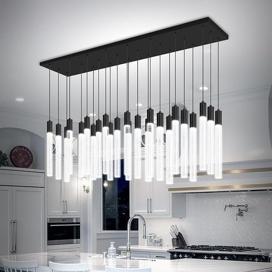 24-Light Rectangular Crystal Chandelier, Large Black Bubble Crystal Column Pendant Light, Adjustable Height Hanging Chandeliers for Kitchen Island, Living Room, Foyer